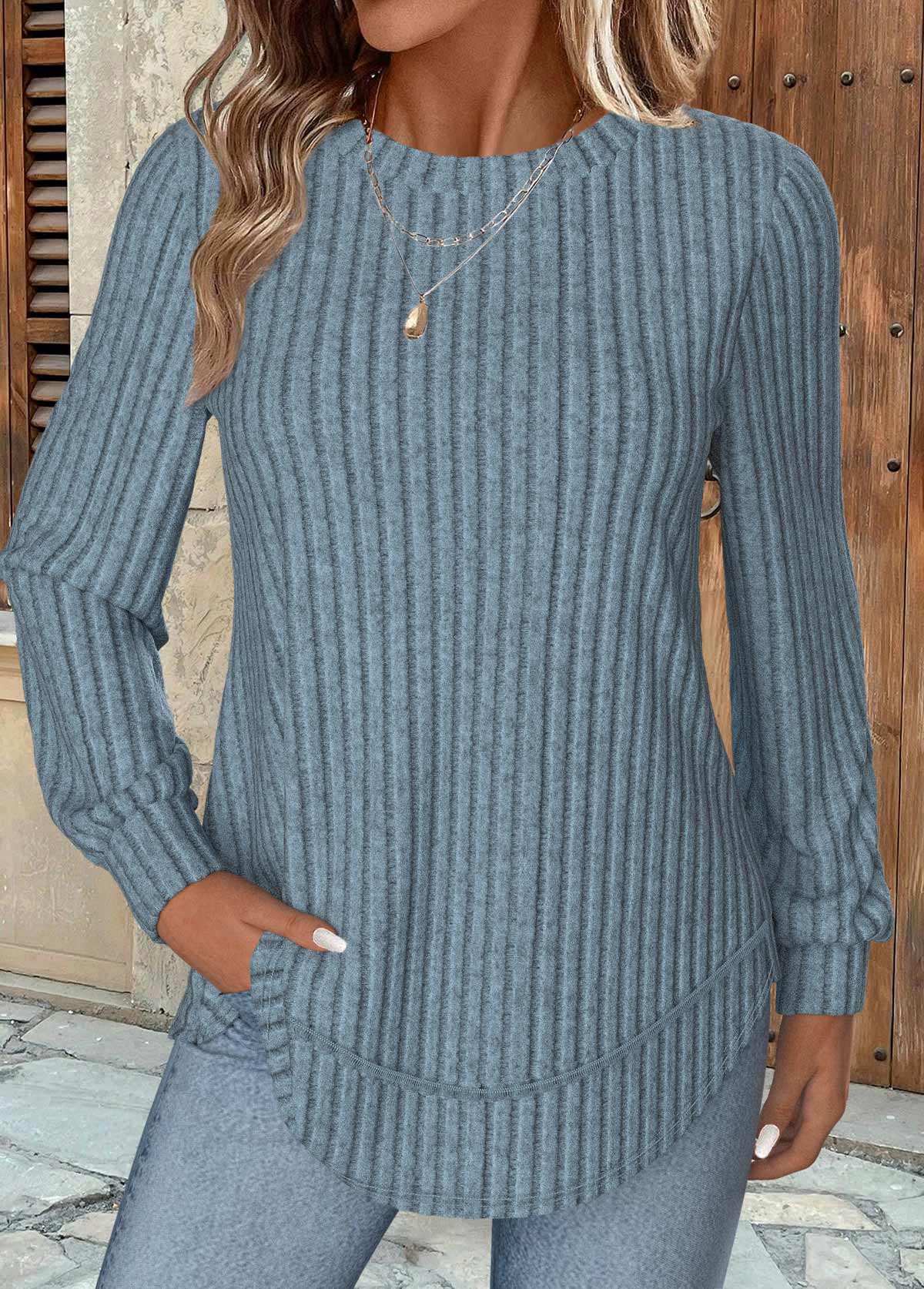 Dusty Blue tops,Plain Color tops,ROTITA Dusty Blue Round Neck Long Sleeve Sweatshirt