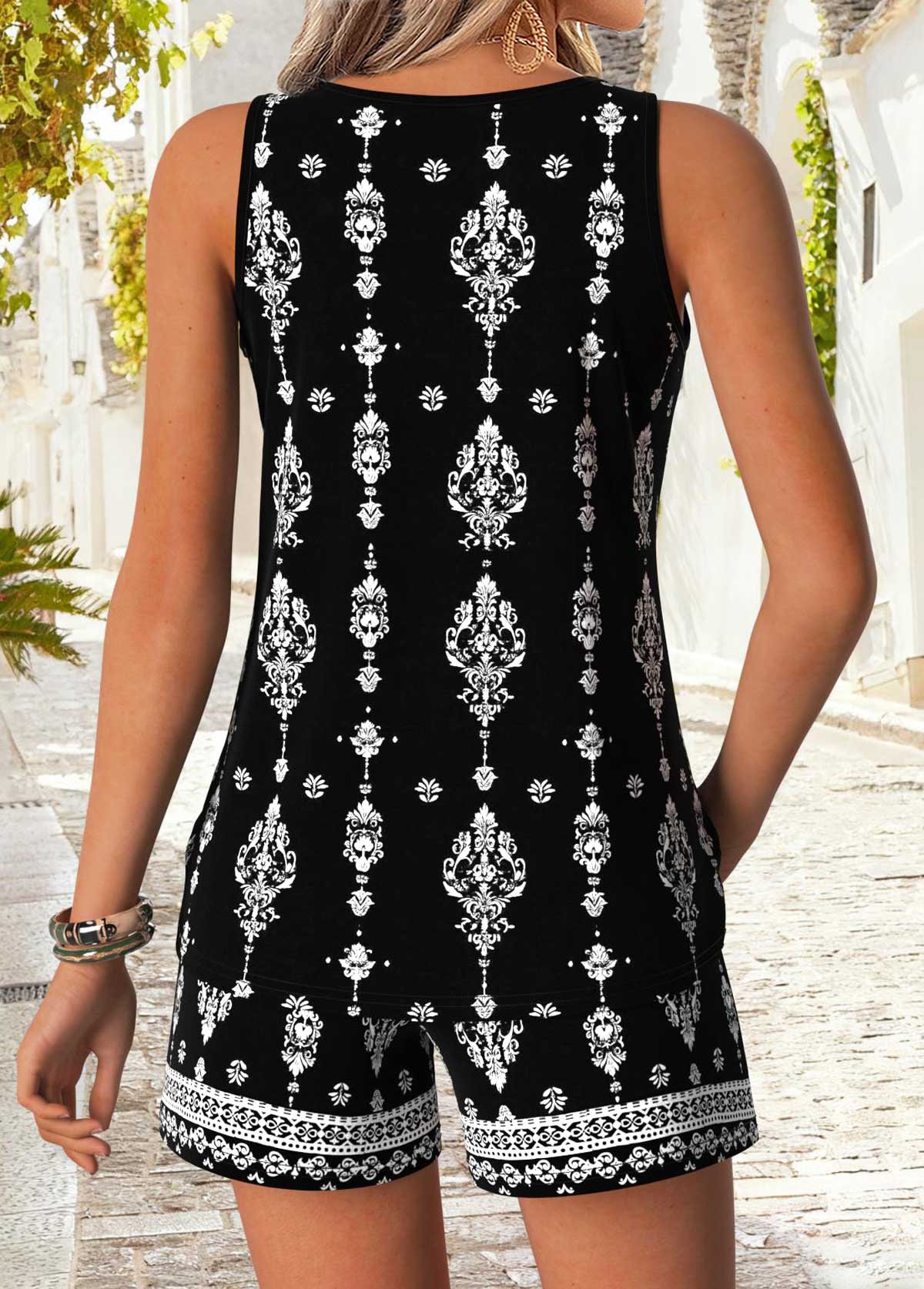 Black tops,Tribal tops,ROTITA Tummy Coverage Tribal Print Black Round Neck Tank Top