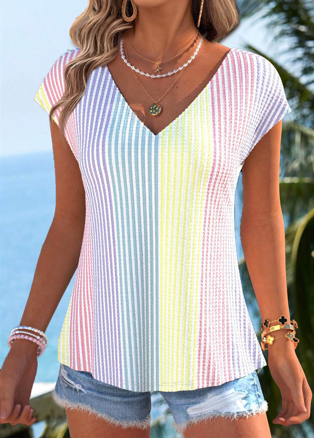 Multi Color tops,Striped tops,Geometric tops,ROTITA Bowknot Striped Multi Color V Neck T Shirt