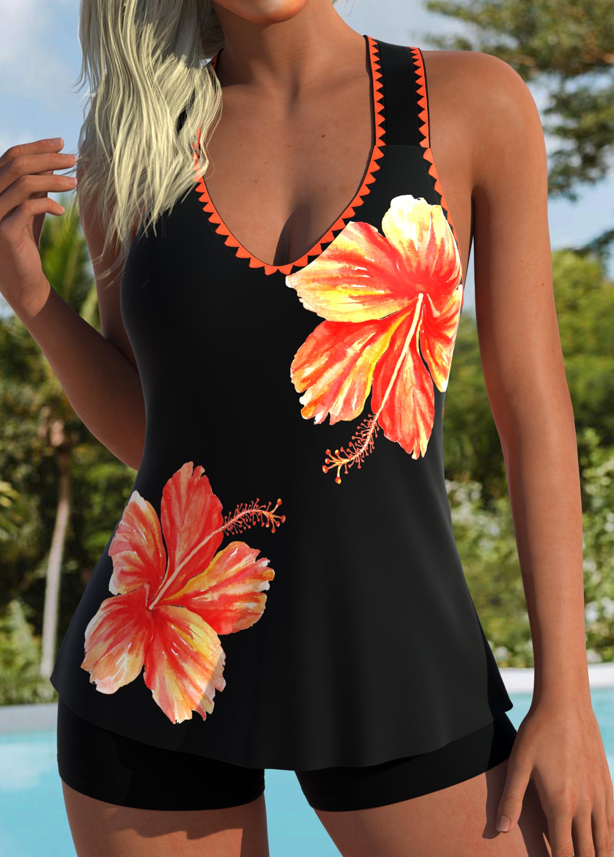 Orange swimwear,Black swimwear,Floral swimwear,Plants swimwear,ROTITA Tummy Coverage Orange Floral Print Mid Waisted Tankini Top