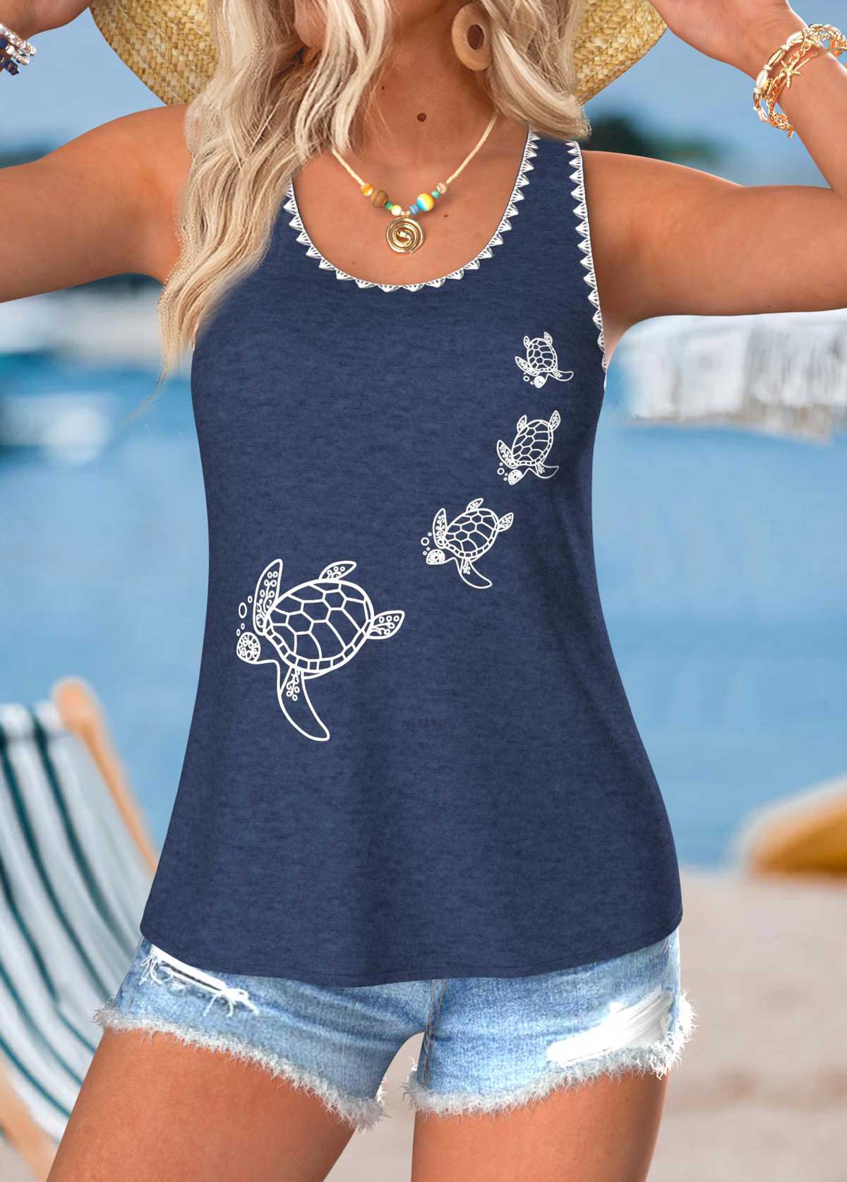 Navy tops,Animal Print tops,ROTITA Tummy Coverage Animal Print Navy Round Neck Tank Top