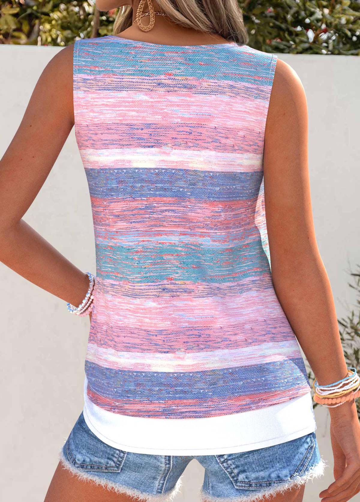 Pink tops,Striped tops,Geometric tops,ROTITA Tummy Coverage Striped Pink Scoop Neck Sleeveless Tank Top