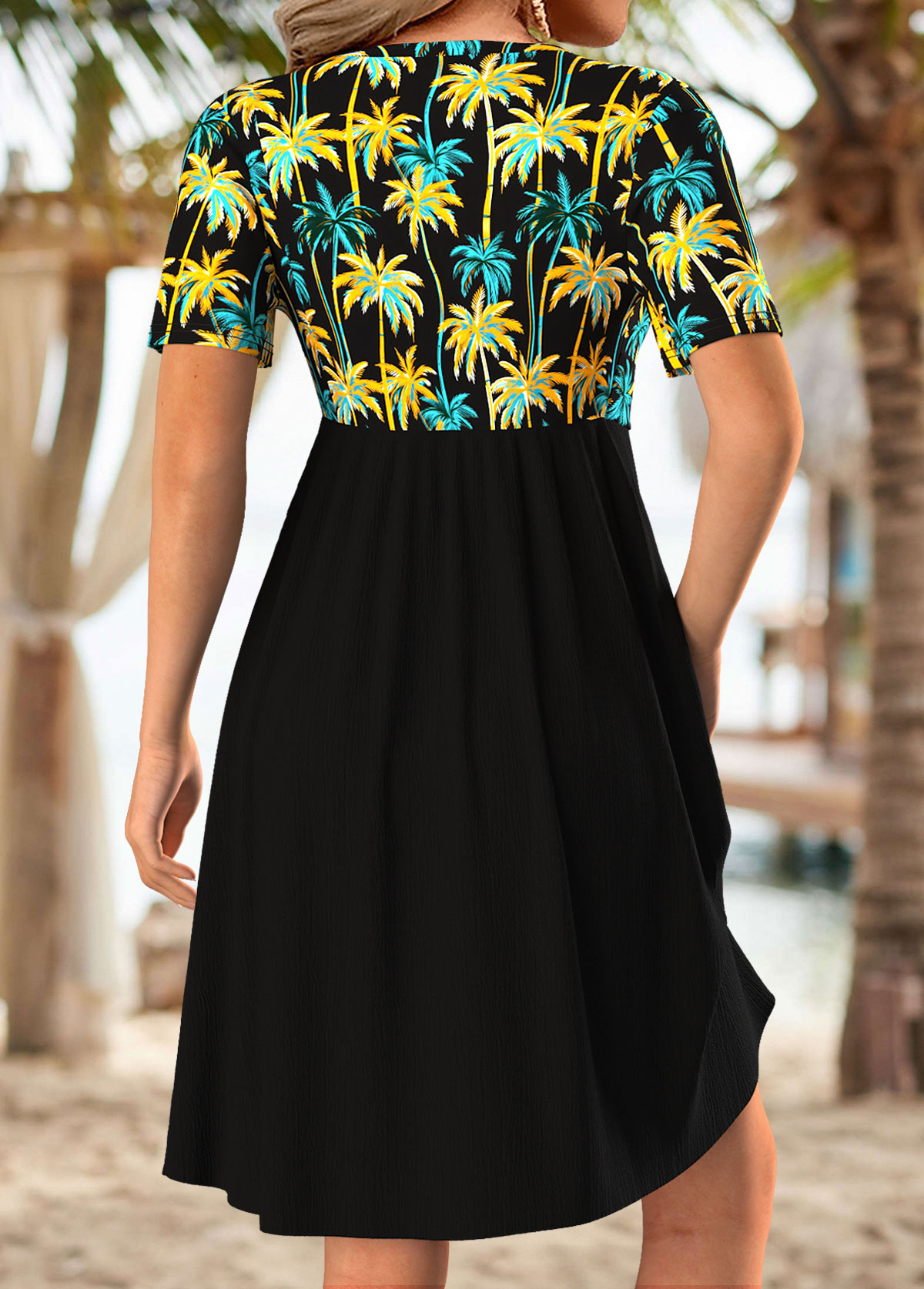 Black dresses,Plants dresses,Vacation dresses,Vacation dresses,ROTITA Tummy Coverage Tropical Plants Print Black Short Dress