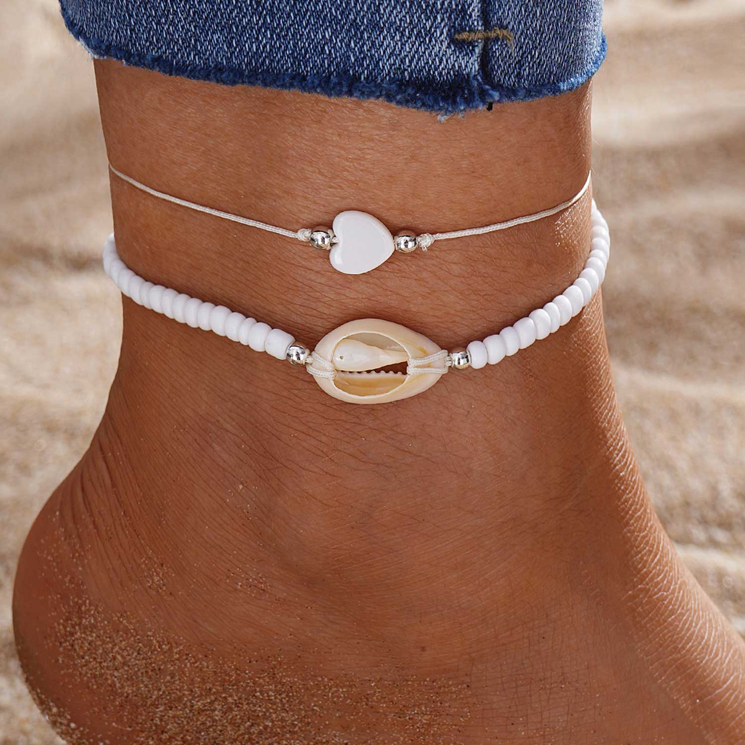 Beige jewelry,Beige Color Shell Detail Adjustable Anklets