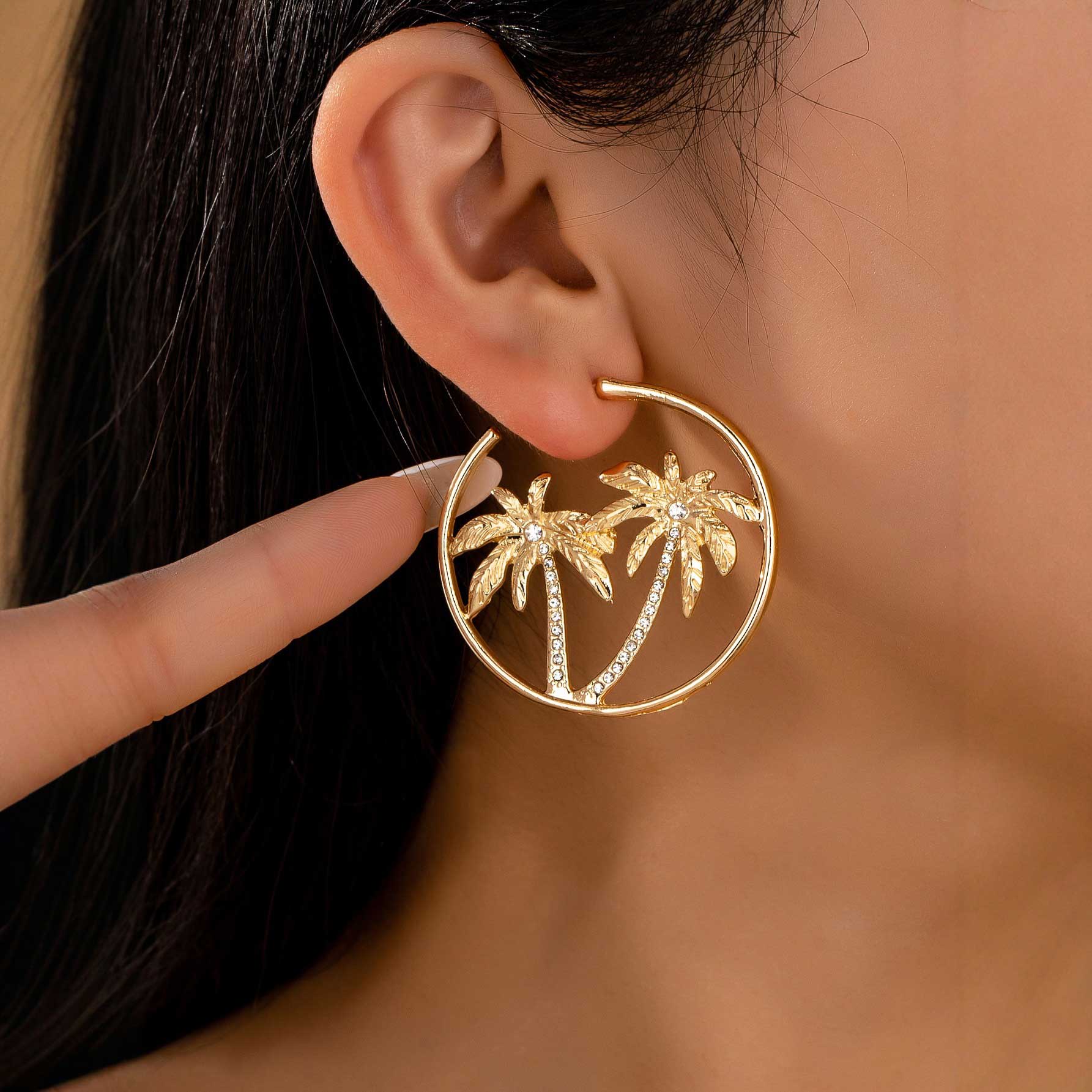 Golden jewelry,Plants jewelry,Golden Circle Alloy Coconut Tree Earrings