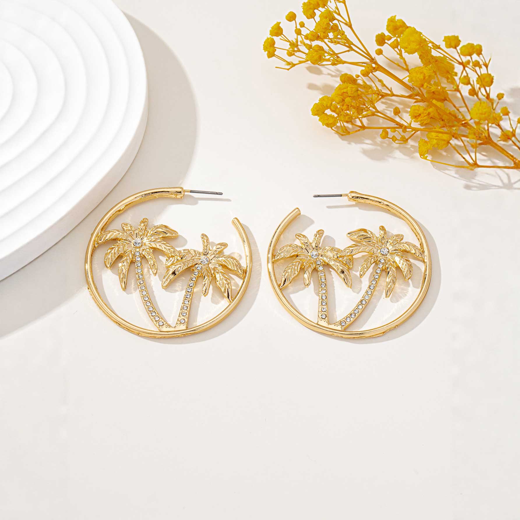 Golden jewelry,Plants jewelry,Golden Circle Alloy Coconut Tree Earrings