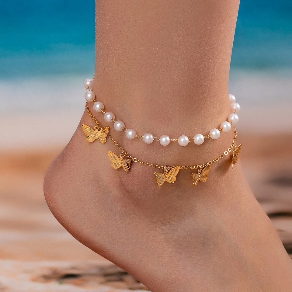 Golden jewelry,Golden Color Butterfly Pearl Design Anklets