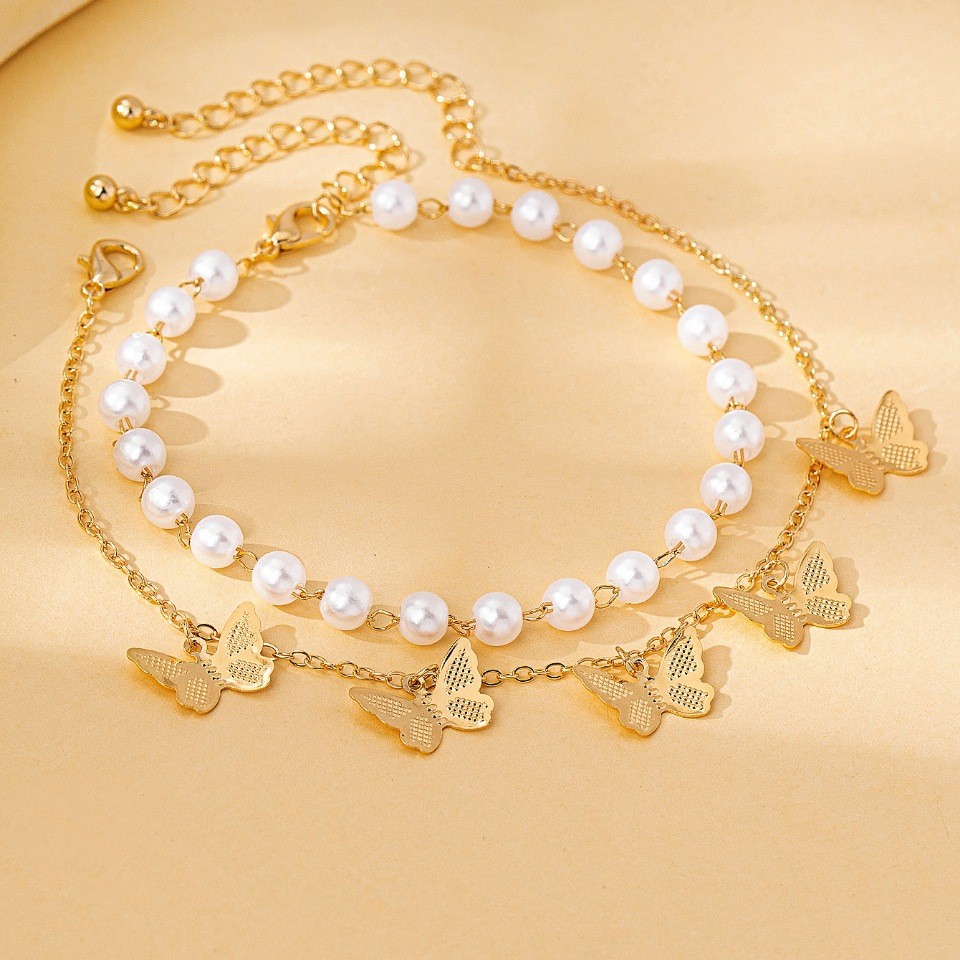 Golden jewelry,Golden Color Butterfly Pearl Design Anklets
