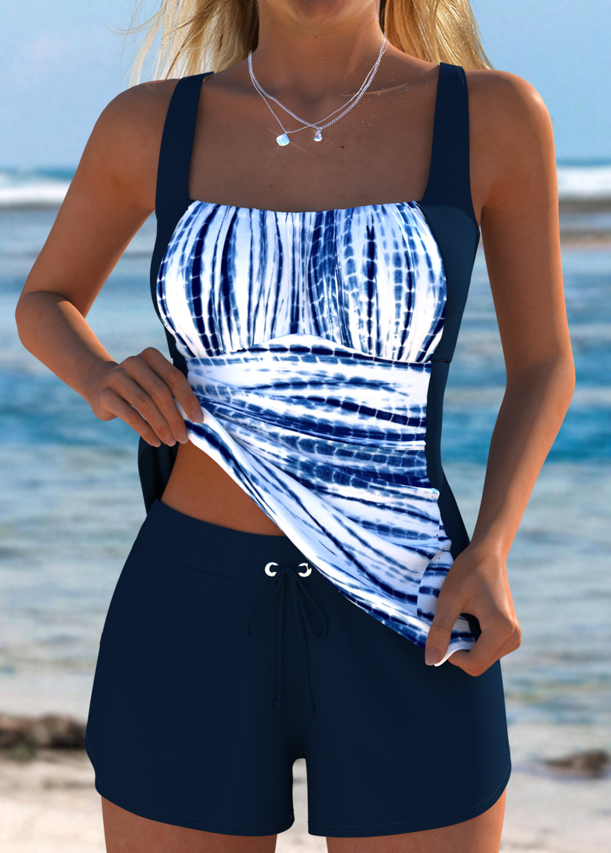 Navy swimwear,Tie Dye swimwear,ROTITA Tummy Coverage Navy Tie Dye Print Tankini Set