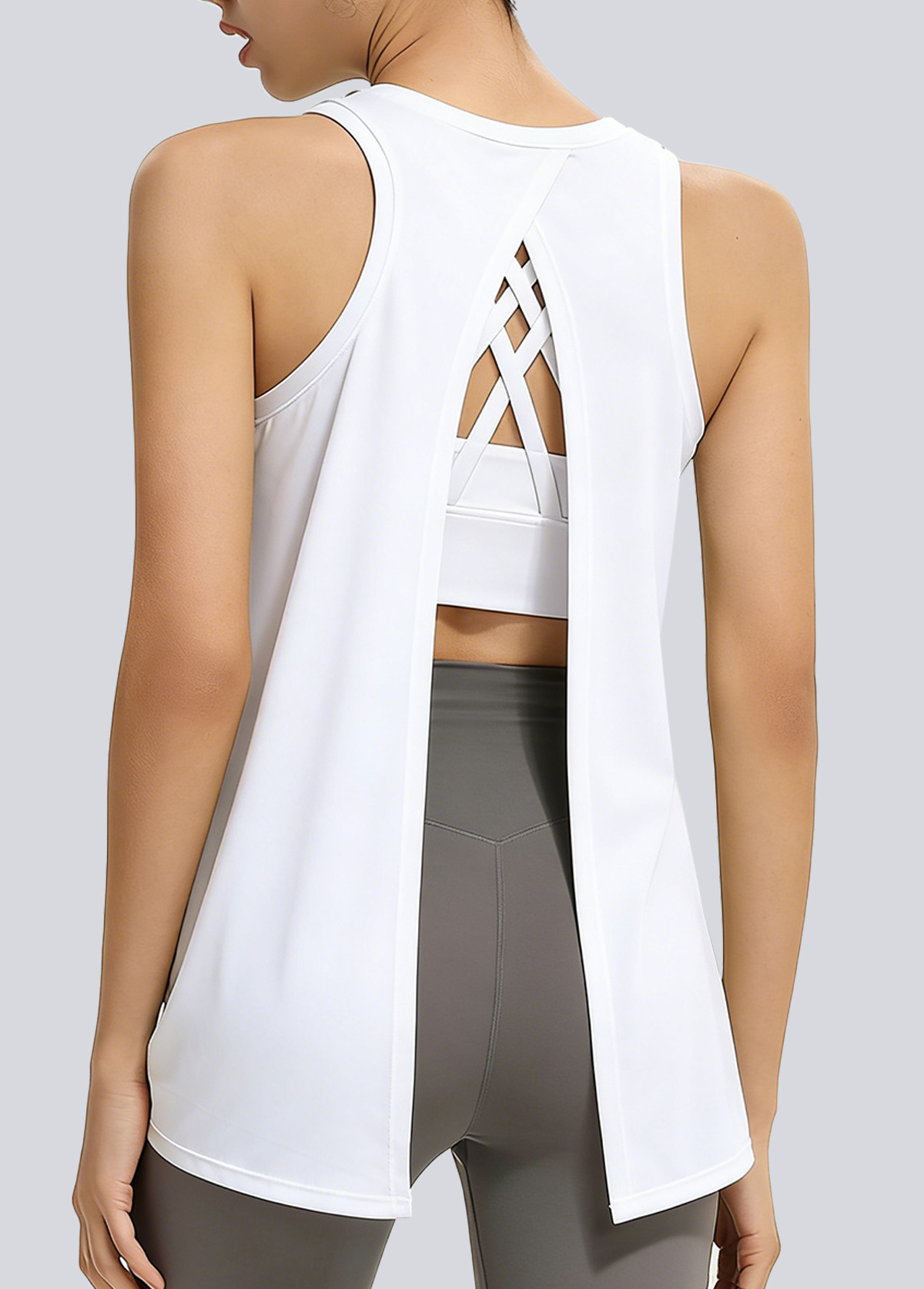 White sportswear,Plain Color sportswear,White Round Neck Sleeveless Sports Top
