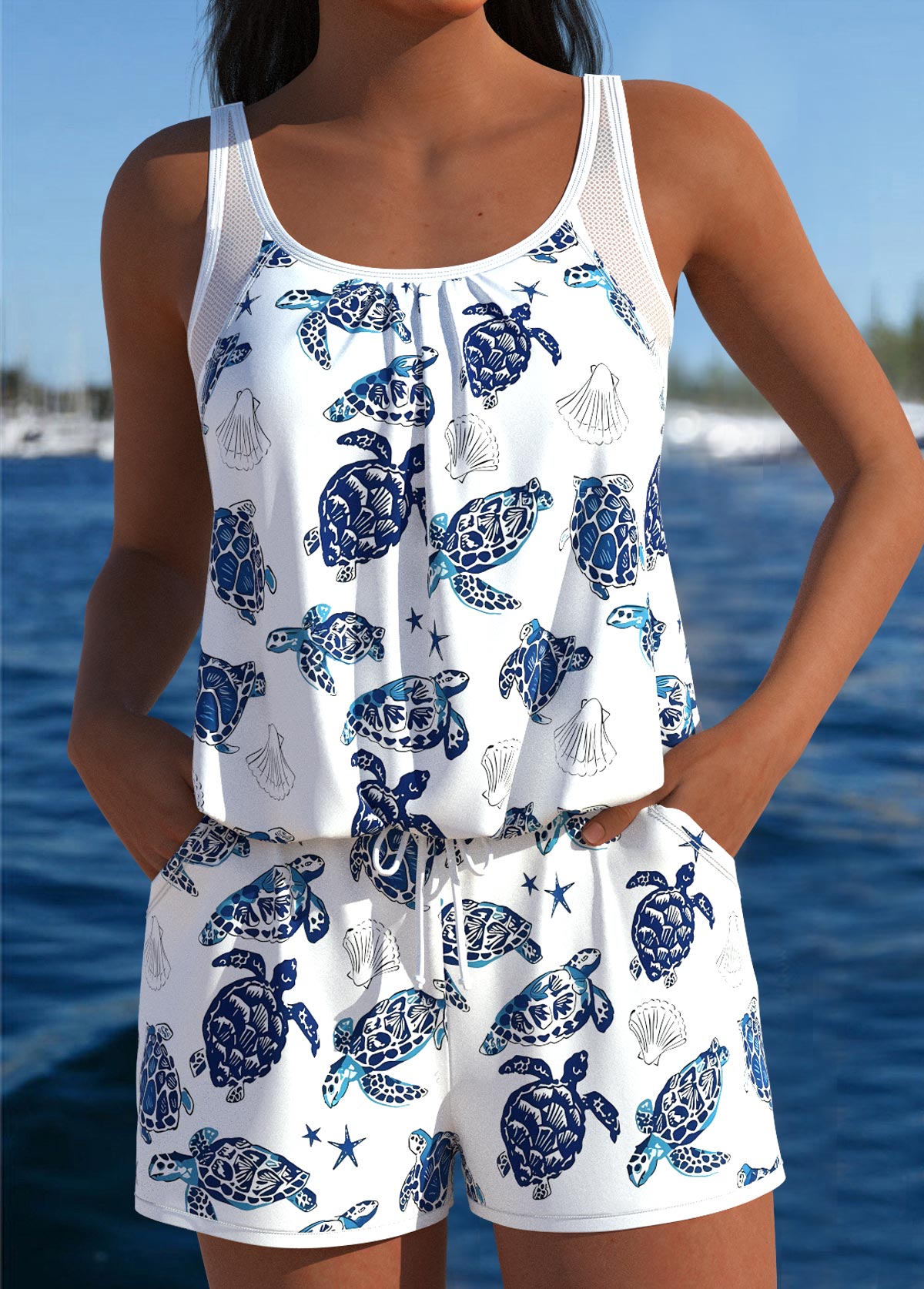 White swimwear,Animal Print swimwear,ROTITA Tummy Coverage White Marine Life Print One Piece Swimwear