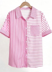 Pink tops,White tops,Striped tops,Geometric tops,ROTITA Pocket Striped Pink Short Sleeve Shirt