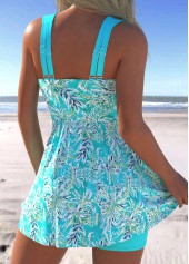 Cyan swimwear,Plants swimwear,ROTITA Surplice Cyan Leaf Print Mid Waisted Tankini Set