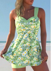 Light Green swimwear,Floral swimwear,Plants swimwear,ROTITA Surplice Light Green Floral Print Swimdress and Shorts