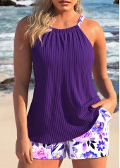 Dark Purple plus size,Floral plus size,Plants plus size,ROTITA Plus Size Ruched Floral Print Dark Purple Tankini Set