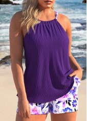 Dark Purple plus size,Floral plus size,Plants plus size,ROTITA Plus Size Ruched Floral Print Dark Purple Tankini Set