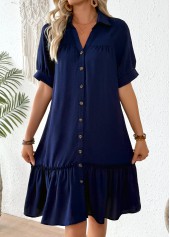 Navy dresses,Plain Color dresses,Everyday dresses,Casual dresses,ROTITA Navy Patchwork Shirt Collar Half Sleeve Dress