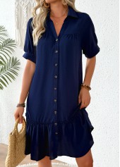 Navy dresses,Plain Color dresses,Everyday dresses,Casual dresses,ROTITA Navy Patchwork Shirt Collar Half Sleeve Dress