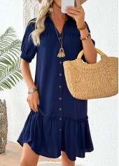 Rotita marineblaues Patchwork-Hemdkragen-Halbärmelkleid