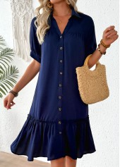 Navy dresses,Plain Color dresses,Everyday dresses,Casual dresses,ROTITA Navy Patchwork Shirt Collar Half Sleeve Dress