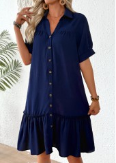 Navy dresses,Plain Color dresses,Everyday dresses,Casual dresses,ROTITA Navy Patchwork Shirt Collar Half Sleeve Dress