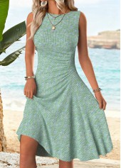 Cyan dresses,Plain Color dresses,Everyday dresses,Casual dresses,ROTITA Cyan Shirred Round Neck Sleeveless Dress