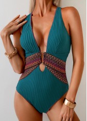 Peacock Blue swimwear,Plain Color swimwear,ROTITA Patchwork Peacock Blue One Piece Swimwear