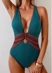 Peacock Blue swimwear,Plain Color swimwear,ROTITA Patchwork Peacock Blue One Piece Swimwear