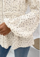 Beige tops,Ditsy Floral tops,ROTITA Peplum Ditsy Floral Print Beige Round Neck Blouse