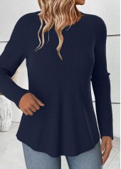 Navy tops,Plain Color tops,ROTITA Tummy Coverage Navy Round Neck Long Sleeve T Shirt
