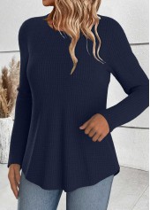 Navy tops,Plain Color tops,ROTITA Tummy Coverage Navy Round Neck Long Sleeve T Shirt