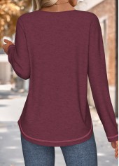 Wine Red tops,Plain Color tops,ROTITA Tummy Coverage Wine Red V Neck T Shirt