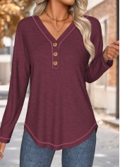 Wine Red tops,Plain Color tops,ROTITA Tummy Coverage Wine Red V Neck T Shirt