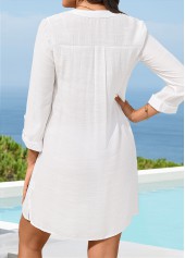 White swimwear,Plain Color swimwear,White V Neck Button Cover Up