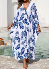 Pull On Blue Leaf Print Cover Up