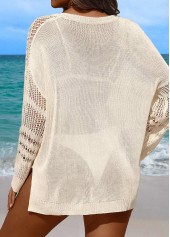 Beige swimwear,Plain Color swimwear,Tummy Coverage Long Sleeve Beige Cover Up