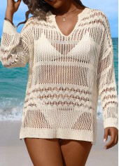 Beige swimwear,Plain Color swimwear,Tummy Coverage Long Sleeve Beige Cover Up