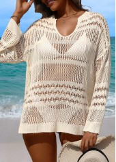Beige swimwear,Plain Color swimwear,Tummy Coverage Long Sleeve Beige Cover Up