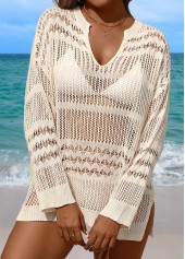 Beige swimwear,Plain Color swimwear,Tummy Coverage Long Sleeve Beige Cover Up