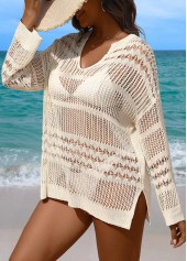 Beige swimwear,Plain Color swimwear,Tummy Coverage Long Sleeve Beige Cover Up