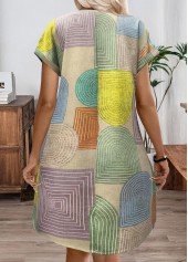 Multi Color dresses,Geometric dresses,Everyday dresses,Casual dresses,ROTITA Patchwork Geometric Print Multi Color Short V Neck Dress