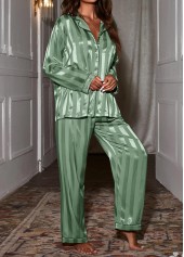Green loungewear,Striped loungewear,Geometric loungewear,Striped Green Turn Down Collar Lounge Top and Pants