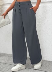 Dark Grey bottoms,Plain Color bottoms,Flowy Dark Grey Wide Leg Button Fly Pants