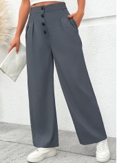 Dark Grey bottoms,Plain Color bottoms,Flowy Dark Grey Wide Leg Button Fly Pants