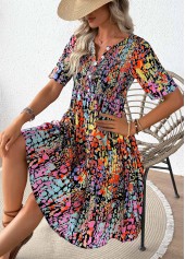 Multi Color dresses,Tribal dresses,Vacation dresses,Vacation dresses,ROTITA Smocked Tribal Print Multi Color Split Neck Dress