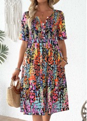 ROTITA Smocked Tribal Print Multi Color Split Neck Dress