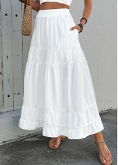 White bottoms,Plain Color bottoms,Pocket White Maxi Elastic Waist A Line Skirt