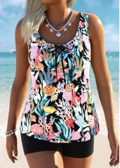 Black swimwear,Animal Print swimwear,ROTITA Tummy Coverage Black Marine Life Print Tankini Set
