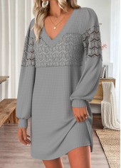 Grey dresses,Plain Color dresses,Casual dresses,ROTITA Tummy Coverage Grey Short V Neck Long Sleeve Dress
