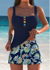 ROTITA Cage Neck Navy Bohemian Print Mid Waisted Tankini Set